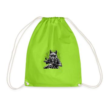 Wolf on Motorcycle Leather Jacket Graphic - Drawstring Bag - neon green - Front
