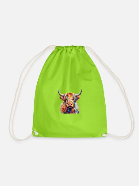 Rainbow Highland Cow Portrait - Drawstring Bag - neon green