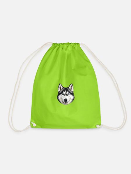 Geometric husky with blue eyes - Drawstring Bag - neon green