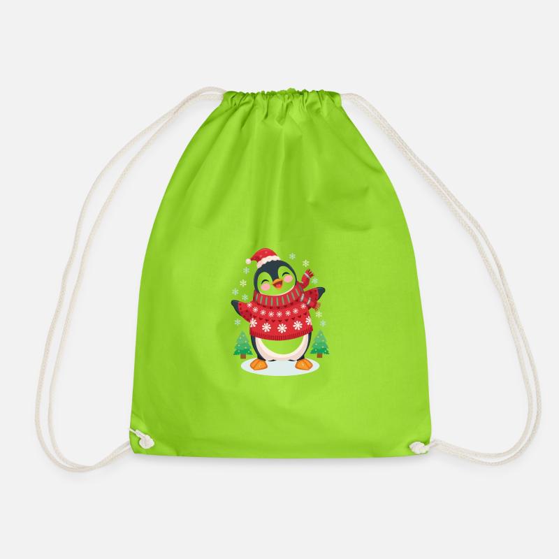 Festive Penguin in Red Knit - Drawstring Bag - neon green