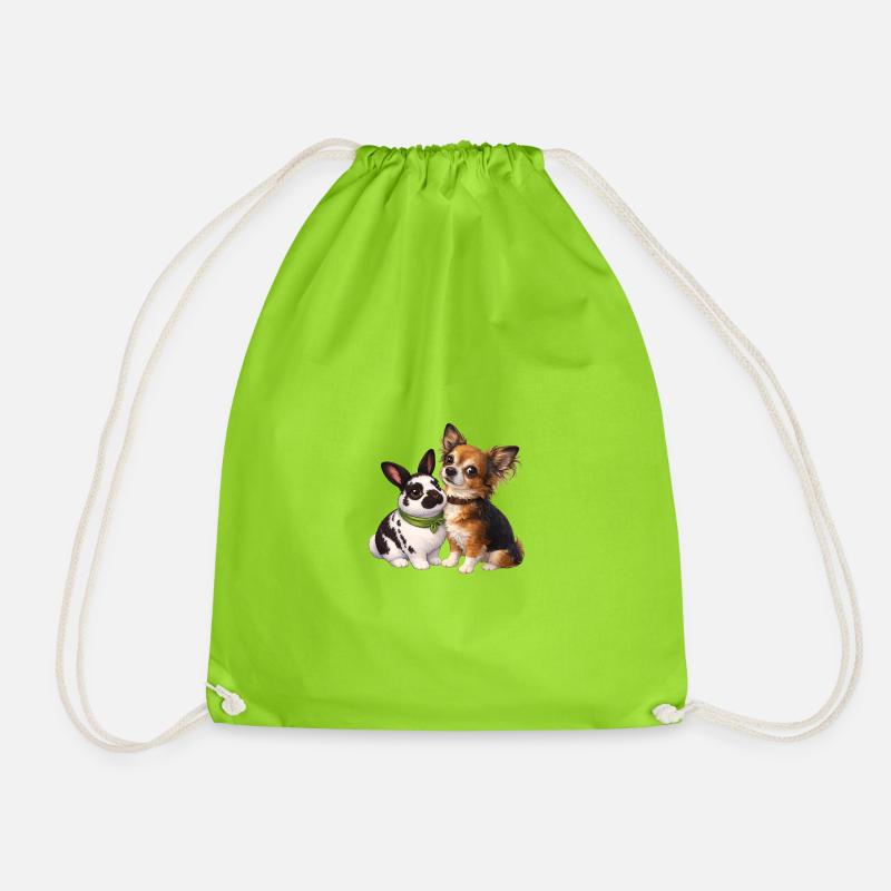 Dwarf Rabbits Paulinchen and Chihuahua Dexter - Drawstring Bag - neon green
