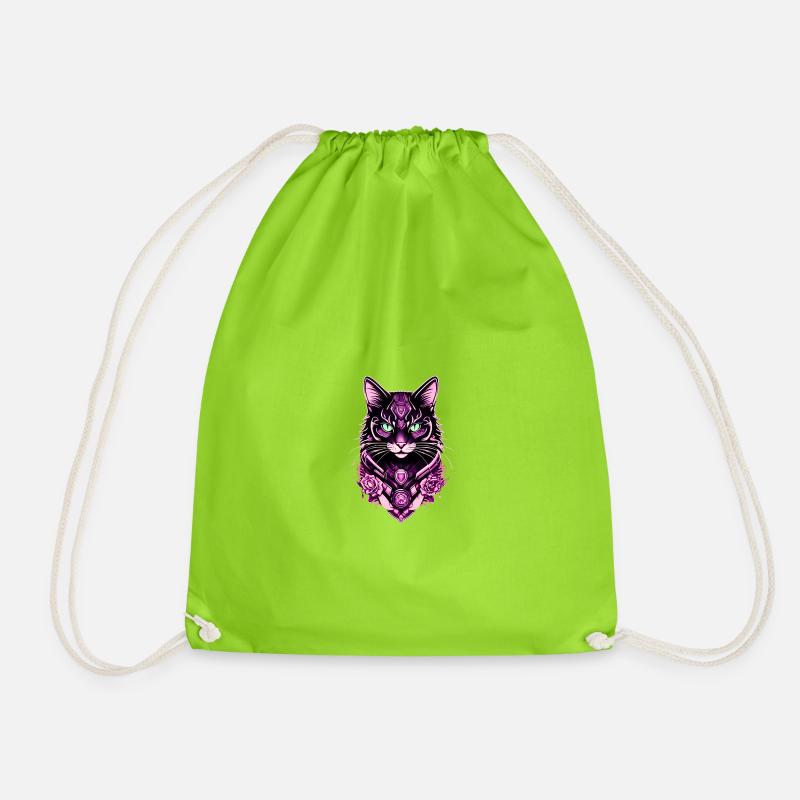 Futuristic Cat Portrait Print - Drawstring Bag - neon green