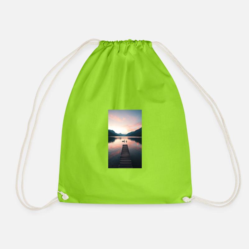 West by the lake with a pier and swans - Drawstring Bag - neon green
