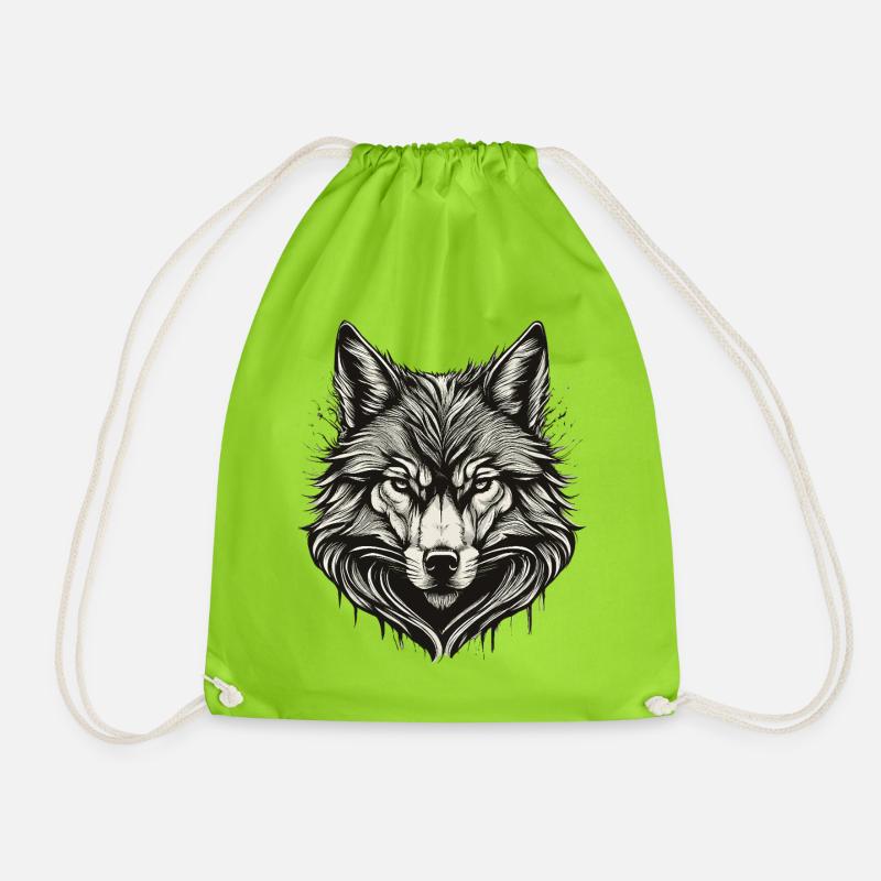 Wolf Head Ink Engraved - Drawstring Bag - neon green