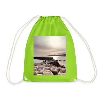Sunset over pier and rocks - Drawstring Bag - neon green - Front