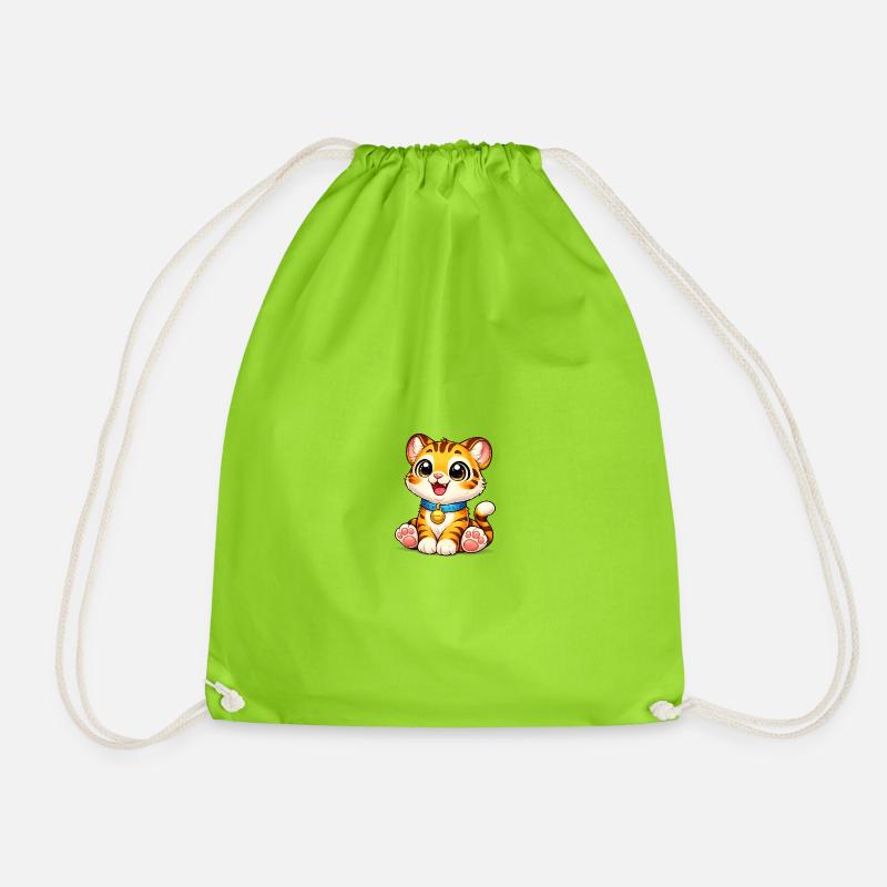 Kitten Tiger with Bells - Drawstring Bag - neon green