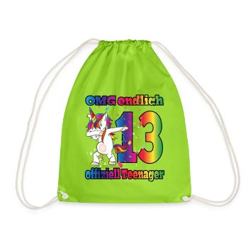 OMG endlich 13! Dabbing Einhorn 13. Geburtstag - Turnbeutel - Neongrün - Vorne