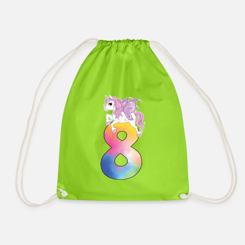 Einhorn mit Regenbogenzahl 8. Geburtstag - Turnbeutel - Neongrün