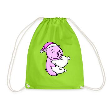 Pig with pillow and sleeping cap - Drawstring Bag - neon green - Front