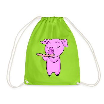 Pig Kids Motif Playing Flute - Drawstring Bag - neon green - Front