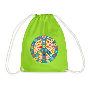 Peace Heart Sign Lovers Art Hippie Groovy Vibes - Drawstring Bag - neon green - Front