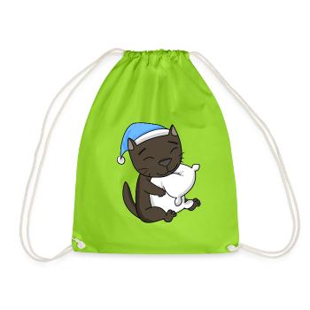 Sleeping Tired - Cat with Pillow and Sleepy Cap - Drawstring Bag - neon green - Front
