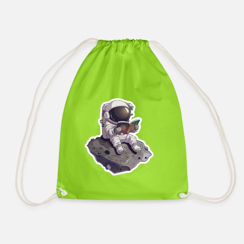 Little astronaut reading a book on Astronid - Drawstring Bag - neon green