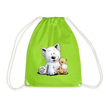 West Highland White Terrier Mit Kuscheltier - Turnbeutel - Neongrün - Vorne