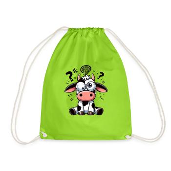 Funny Confused Cow Cartoon Clumsy Googly Eyes - Drawstring Bag - neon green - Front
