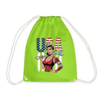 Strong woman with wrench in front of USA flag - Drawstring Bag - neon green - Front