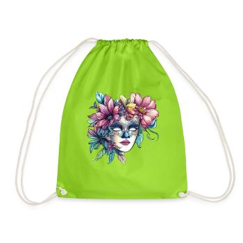 Floral mask in masquerade ball style - Drawstring Bag - neon green - Front