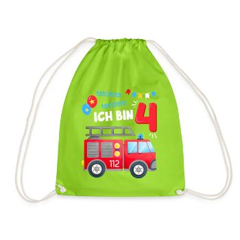 Fire Brigade 4 Years Fourth Birthday Boy Outfit - Drawstring Bag - neon green - Front