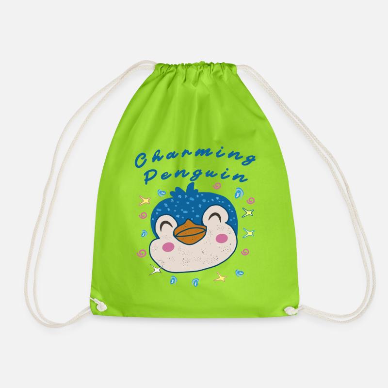 Kawaii cute funny penguin kids - Drawstring Bag - neon green