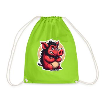Angry Red Boar Cartoon - Drawstring Bag - neon green - Front
