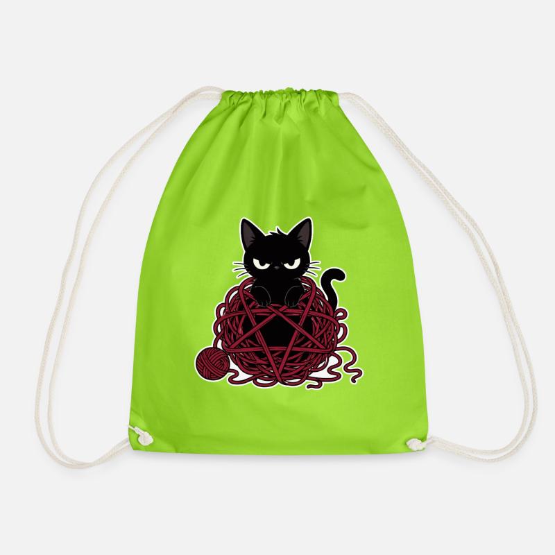 Black cat in a red ball of wool - Drawstring Bag - neon green