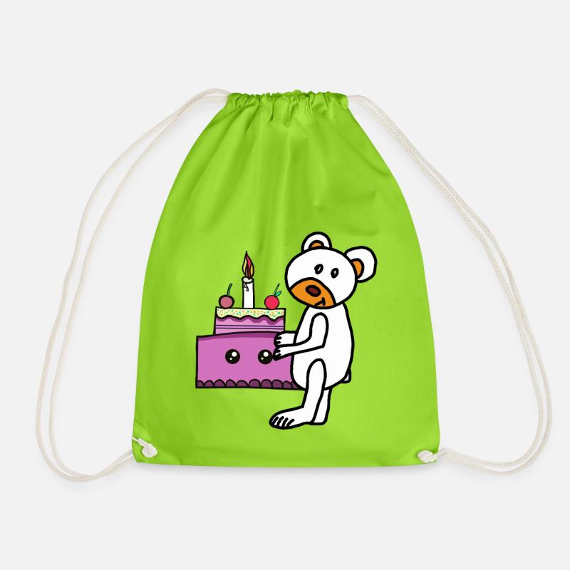 Teddy Teddy Bear Cake Kawaii Kids Birthday - Drawstring Bag - neon green
