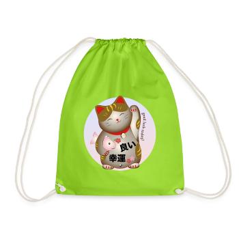 Winkende japanische Katze Abbildung mit Inschrift - Turnbeutel - Neongrün - Vorne