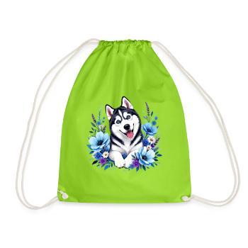 Blauer Huskie im Blumenkranz - Turnbeutel - Neongrün - Vorne
