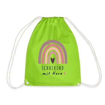 Schulkind mit Herz Regenbogen | Einschulung - Turnbeutel - Neongrün - Vorne