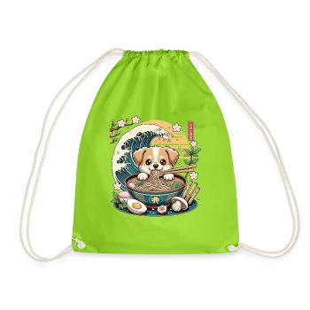 Ramen Puppy In Noodle Bowl Kawaii Wave Sunset - Drawstring Bag - neon green - Front