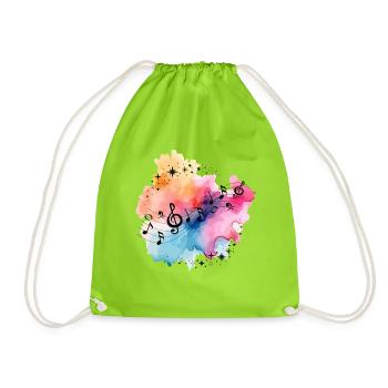 Music Notes Watercolor Colorful Stars T-Shirt - Drawstring Bag - neon green - Front