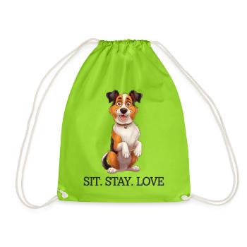 Sit Stay Love 2 Tri-Colour Border Collie Dog Merch - Drawstring Bag - neon green - Front