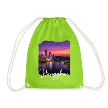 Hangzhou Evening Light Skyline Print - Drawstring Bag - neon green - Front