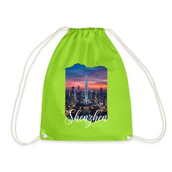 Shenzhen Skyline Evening Light - Drawstring Bag - neon green - Front