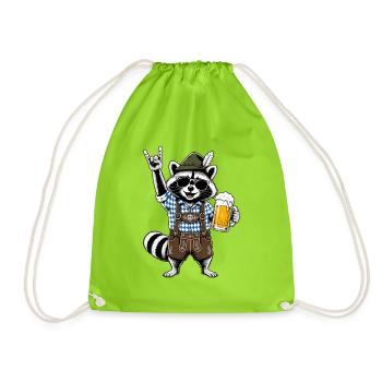 Raccoon in leather pants with beer and skirt salute - Drawstring Bag - neon green - Front