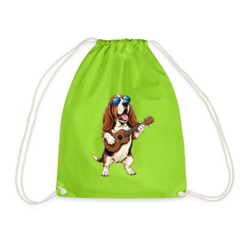 Basset Hound Playing Guitar - Music Dog Dad - Drawstring Bag - neon green - Front