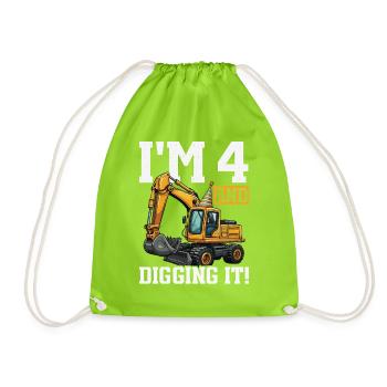 4 Years Old And Digs Excavator Birthday Design - Drawstring Bag - neon green - Front