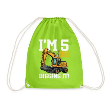 5 Years Old And Digs Excavator Birthday Design - Drawstring Bag - neon green - Front