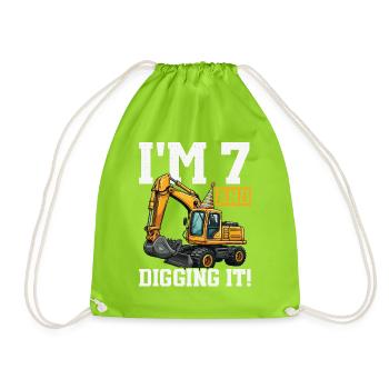 7 Years Old And Digs Excavator Birthday Design - Drawstring Bag - neon green - Front