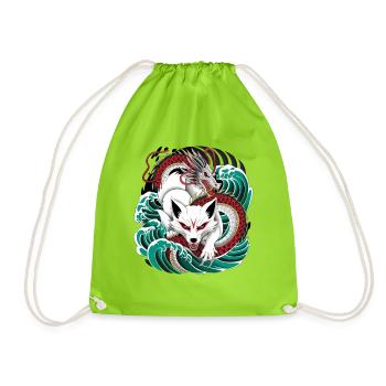 Japanese Kitsune Fox And Dragon In - Drawstring Bag - neon green - Front