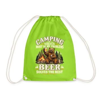 Camping Bär mit Bier – Beer Solves The Rest - Turnbeutel - Neongrün - Vorne