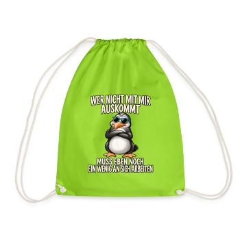 Pinguin mit Sonnenbrille – Arbeitsspruch - Turnbeutel - Neongrün - Vorne
