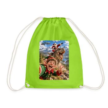 Lustiges Elf Selfie mit Weihnachtsmann, T-Rex, UFO - Turnbeutel - Neongrün - Vorne