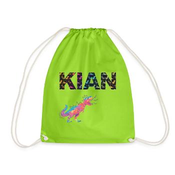 KIAN - Schöner Jungen Name mit Dinosaurier - Turnbeutel - Neongrün - Vorne