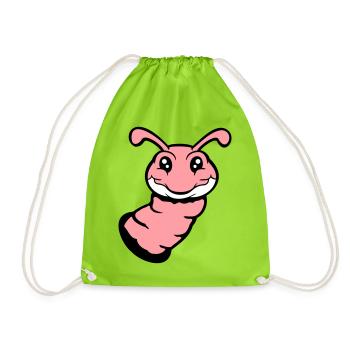 Caterpillar peeks out of hole smiles sweet worm comic fun - Drawstring Bag - neon green - Front