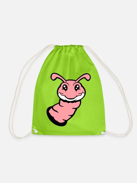 Raupe guckt aus Loch lächelt süß Wurm Comic Spaß - Turnbeutel - Neongrün
