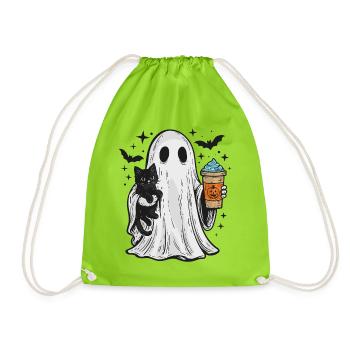 Halloween-Geist mit Katze und Kaffee - Turnbeutel - Neongrün - Vorne