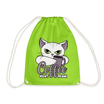 Coffee Right Meow - Cat with Coffee Cup - Coffee - Drawstring Bag - neon green - Front