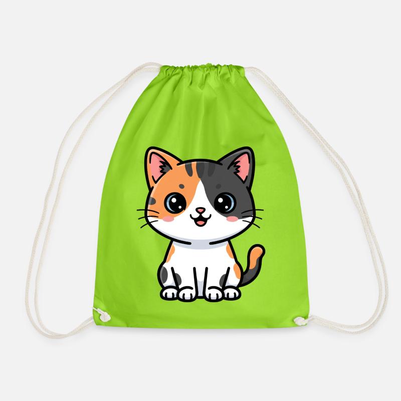 Calico Kitty Charm - Drawstring Bag - neon green