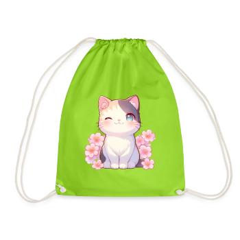 Kawaii Zwinkernde Katze Sakura Japan Style - Turnbeutel - Neongrün - Vorne